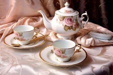 Delicate Background: Elegant Tea Time with a Fine China Tea Set on a Lace Tablecloth, generative AI
