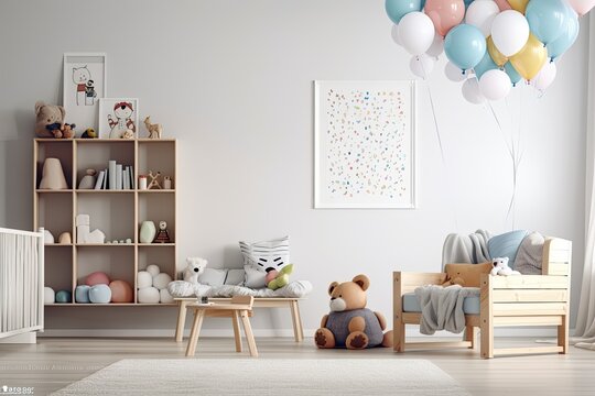 a frame mockup of a contemporary Scandinavian style children's playroom complete with a table, toys, and balloons. Generative AI
