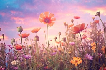 Blooming Flowers: Dreamy Background of Soft Pastel Sunset and Whimsical Beauty, generative AI