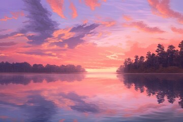 Serene Tranquility: Soft Pastel Sunset Over a Calm Lake in a Dreamy Background, generative AI