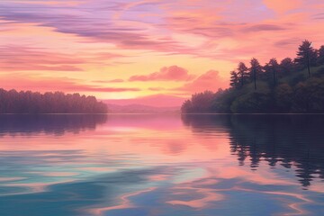 Serene Tranquility: Soft Pastel Sunset Creates Dreamy Background Over a Calm Lake, generative AI