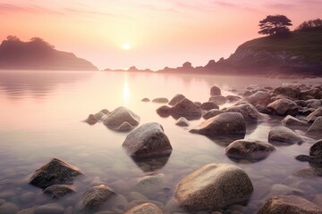 Fototapeta na wymiar Tranquil Coastal Beauty: Dreamy Background of Soft Pastel Sunrise Over a Calm Seaside, generative AI