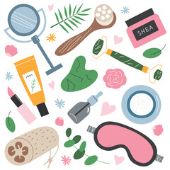 Skincare tools hand drawn collection, doodle icons of beauty devices, vector illustrations of facial roller massager, gua sha, sleep mask, makeup mirror, skin care routine, isolated colored clipart