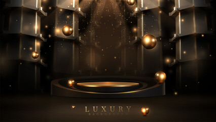 Gold podium on dark scene and elegant ball elements with glitter light effects decorations and bokeh. Luxury realistic background design. Vector illustration.