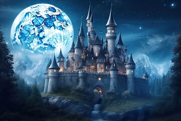 Enchanting Moonlit Castle: Turrets, Sparkling Stars, Fairy Tale Magic, generative AI
