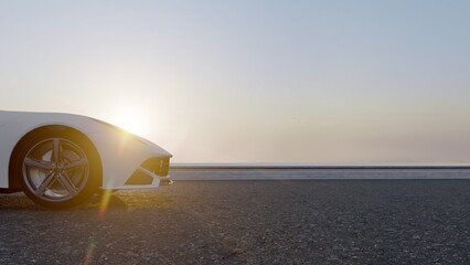 White car on road at sunset 3d render