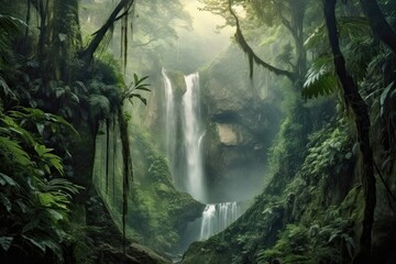 Lush Greenery and the Mystical Beauty of Nature: An Ethereal Misty Waterfall Background, generative AI