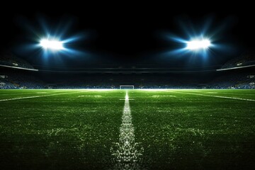 Sportsmanship and Team Spirit Shine under Stadium Floodlights on the Football Field Background, generative AI