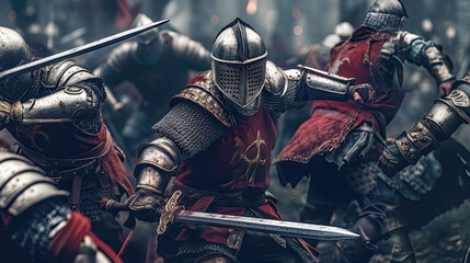 Medieval knights in armor fighting on battleground. Postproducted generative AI illustration. - obrazy, fototapety, plakaty