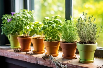 Fototapeta na wymiar Various types of fragrant herbs are planted in pots and placed on a windowsill indoors.