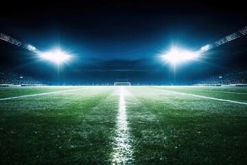 Action-Packed Game: Sportsmanship and Team Spirit on a Football Field with Illuminated Floodlights, generative AI