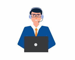 Man agent with headphones microphone with online global technical support 24 7 customer service support or call center concept.