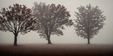 Tree on the lawn in the fog, haze in the field