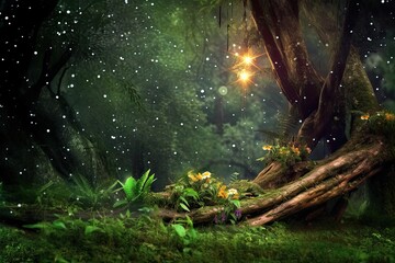 Enchanted Forest Green Screen Backgrounds: Mystical and Enchanting with Magical Fireflies, Whispers of Nature, generative AI
