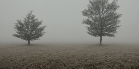 Obraz na płótnie Canvas Tree on the lawn in the fog, haze in the field