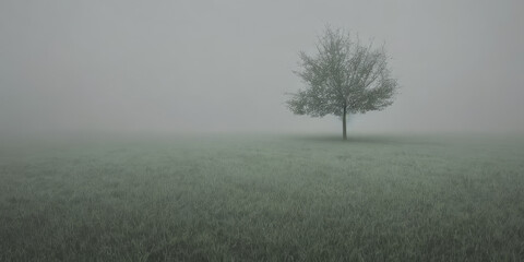 Obraz na płótnie Canvas Tree on the lawn in the fog, haze in the field