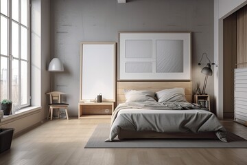 A bedroom interior with a wooden floor, a gray bed, and a huge horizontal poster hanging over it is depicted by a man's hand. a mockup. Generative AI