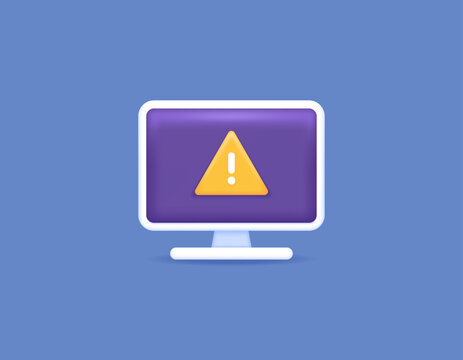 Warning of an error occurred in the computer system. hazard warning notice. System is crashes. PC monitor, triangle, and exclamation mark. technology. symbols and icons. Minimalist 3D concept design