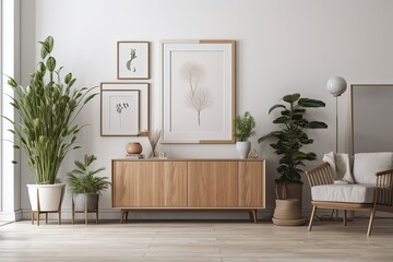 Fototapeta premium A mid century room with white plank floors, indoor plants, decorations, and a storage cabinet. Isolated Empty Frame Over Cabinet for Interior Mockups and Art & Print Mockups. Generative AI