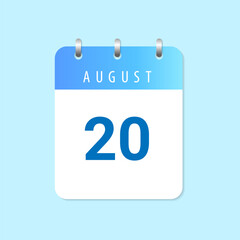 Daily calendar 20th of August month on white paper note
