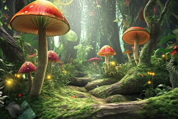 Magical Enchanted Forest: Green Screen Backgrounds With Fairies, Glowing Mushrooms, and Whimsical Fantasy Realm, generative AI
