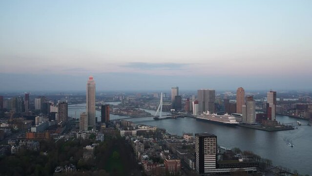 Evening Panorama of Rotterdam, Netherlands. Rotterdam, The Netherlands - Aprill, 2023: City Scape,