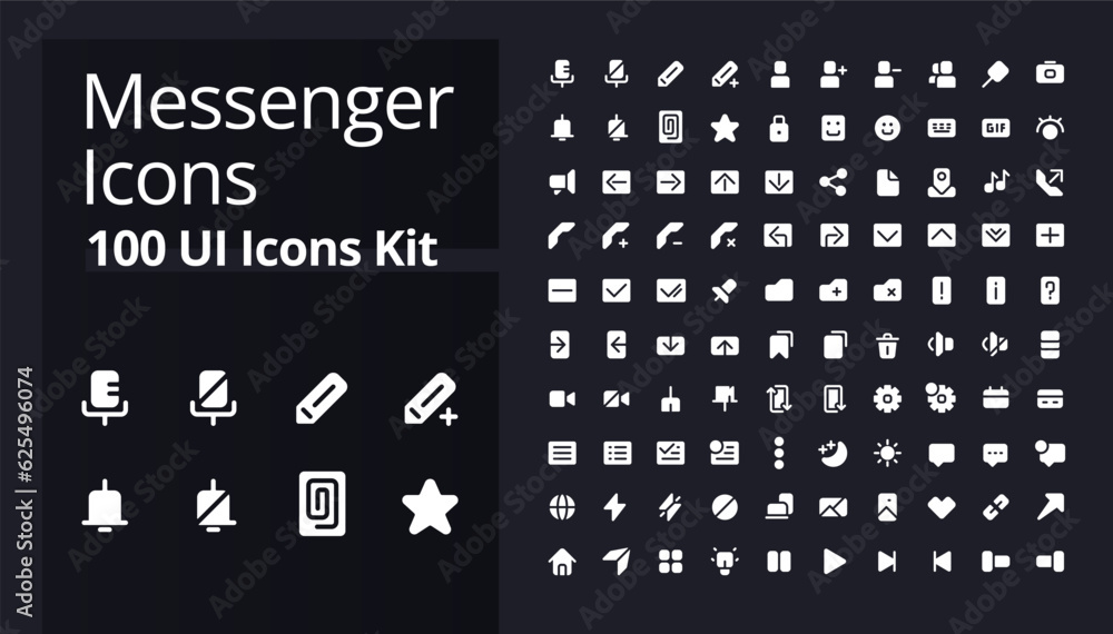 Sticker Messenger application white glyph ui icons kit for dark mode. App features. Silhouette symbols on black background. Solid pictograms for web, mobile. Vector isolated illustrations. Poppins font used