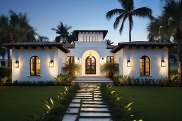 Fototapeta na wymiar The architectural design of a customary villa house found in South Florida follows a modern style with influences from the Spanish aesthetic.