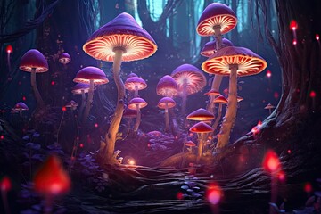 Obraz na płótnie Canvas Enchanted Forest: Glowing Mushrooms, Ethereal Creatures, and Mystical Realm - A Magical Background, generative AI