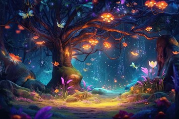 Fototapeta na wymiar Enchanted Forest: Glowing Fireflies, Whimsical Creatures & Mystical Wonder - A Magical Background, generative AI