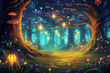 Obraz premium Whimsical Creatures and Glowing Fireflies: Unveiling the Mystical Wonder of an Enchanted Forest, generative AI