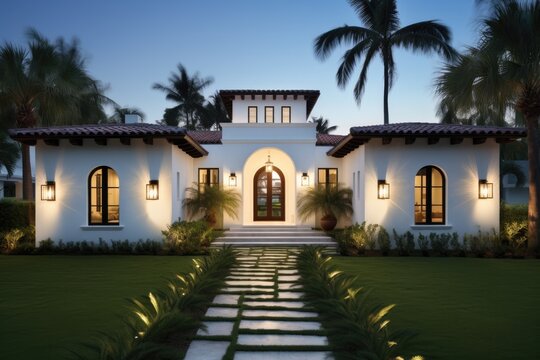 The architectural design of a customary villa house found in South Florida follows a modern style with influences from the Spanish aesthetic.