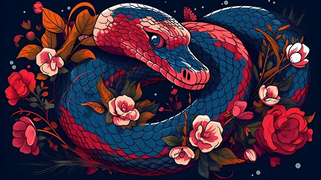 Snake with flowers on black background. 8k resolution