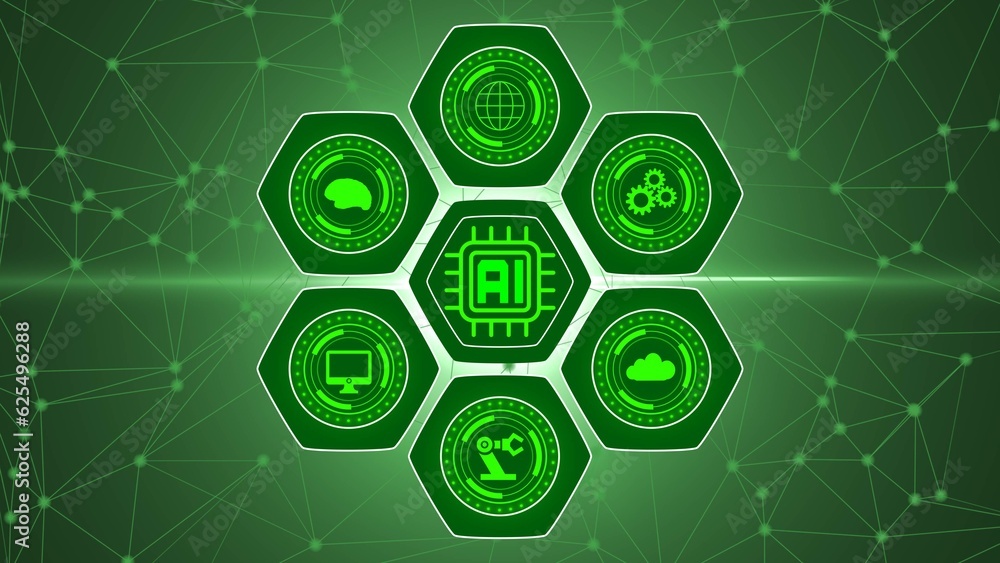 Poster artificial intelligence - global information technology concept - graphic elements arranged around a