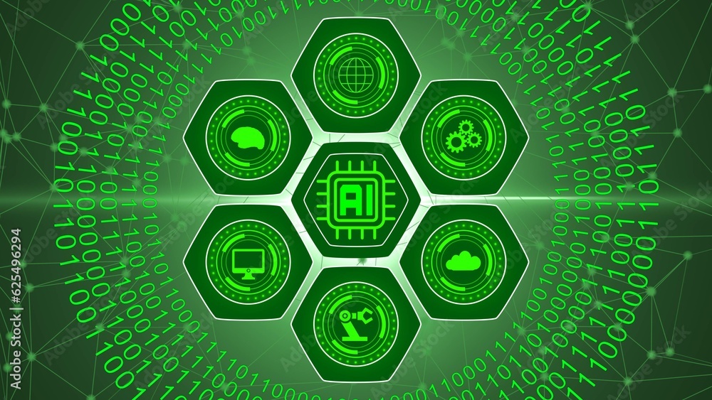 Poster artificial intelligence - global information technology concept - graphic elements arranged around a