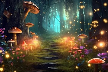 Whispers of Enchantment: Magical Glowing Mushrooms and Sparkling Fireflies in an Enchanted Forest Background, generative AI