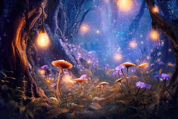 Enchanted Garden with Glowing Fireflies: A Magical, Whimsical Nature Background with Delicate Flowers, generative AI