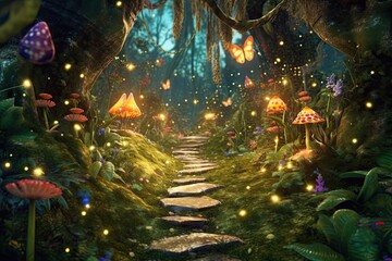 Enchanted Forest: Glowing Path, Whimsical Creatures & Fairy Tale Enchantment in Magical Background, generative AI