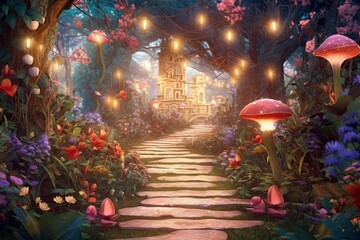 Fototapeta na wymiar Enchanted Garden: Whimsical Delight with Magical Elements and Fairy Lights, generative AI