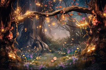 Enchanted Garden: Magical Background with Glowing Fireflies, Delicate Blossoms, and Whimsical Beauty, generative AI