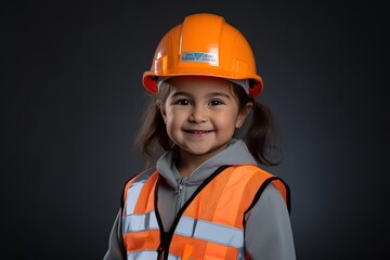Portrait of a smiling little girl in a construction helmet.Generative Ai