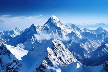 Alpine Grandeur: Majestic Snow-Capped Mountain Peaks Against a Clear Blue Sky, generative AI
