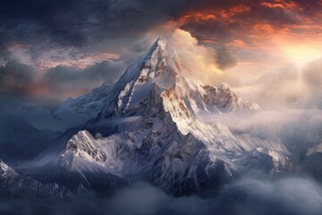 Alpine Majesty: Snowy Mountain Peaks Piercing Through the Clouds - Majestic Background, generative AI