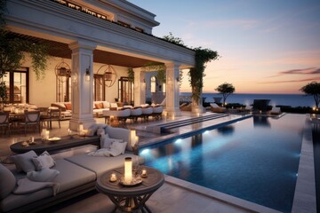 Exquisite features of an opulent villas outdoor area, including a stunning swimming pool