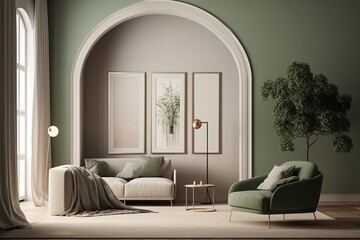 a blank poster frame on a beige wall in a living room with contemporary furnishings, a stylish green arch with chic dried flowers, a white sofa, and an armchair,. Generative AI