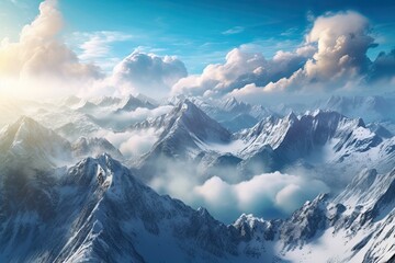 Snowy Mountain Peaks Piercing Through the Clouds: Alpine Majesty Unveiled, generative AI