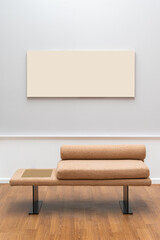 Art gallery with blank white walls and clean, modern interior. The spacious floor and exhibition hall provide the perfect space to display artwork and photographs. Enhance the contemporary design.