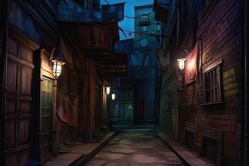 Soft Streetlamp Glow: Unveiling the Intrigue and Suspense of a Mysterious Shadowy Alleyway, generative AI