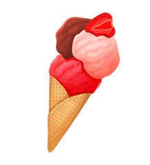 Berry and chocolate ice cream with cone decorated with strawberries isolated on white background.