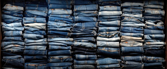 Vintage jeans and denim collection. A shelf full of  sought after vintage denims. Hand edited generative AI.